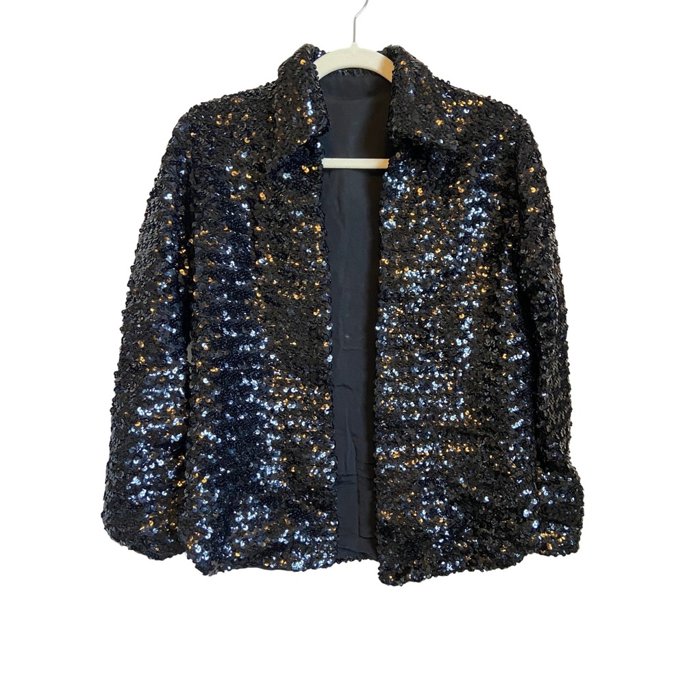 Vintage Beverly Paige Black Sequin Blazer Jacket Open Front Collared Glam Party